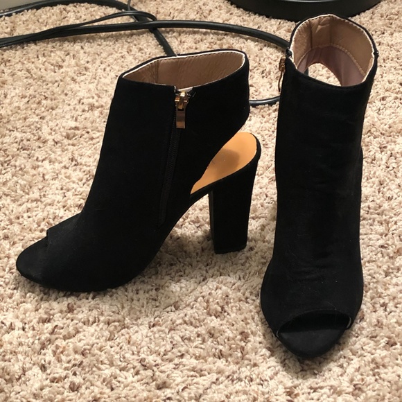 Shoes - Black Suede Peep Toe Heels